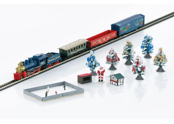 Weihnachts-Startpackung. Exklusiv für USA 120 Volt. Dampfgüterzug mit Gleisoval